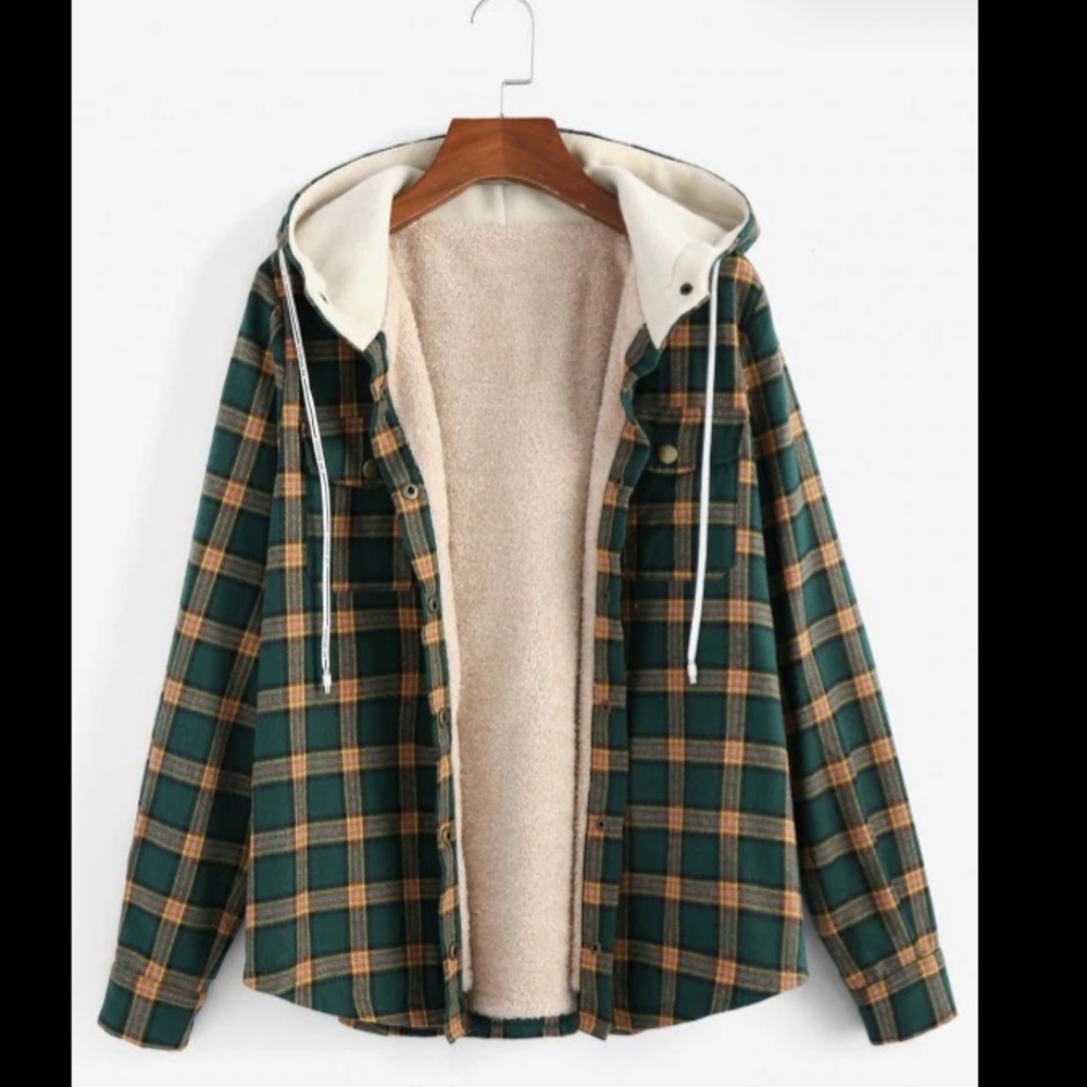 Plaid Hooded Fluffy Lined Snap